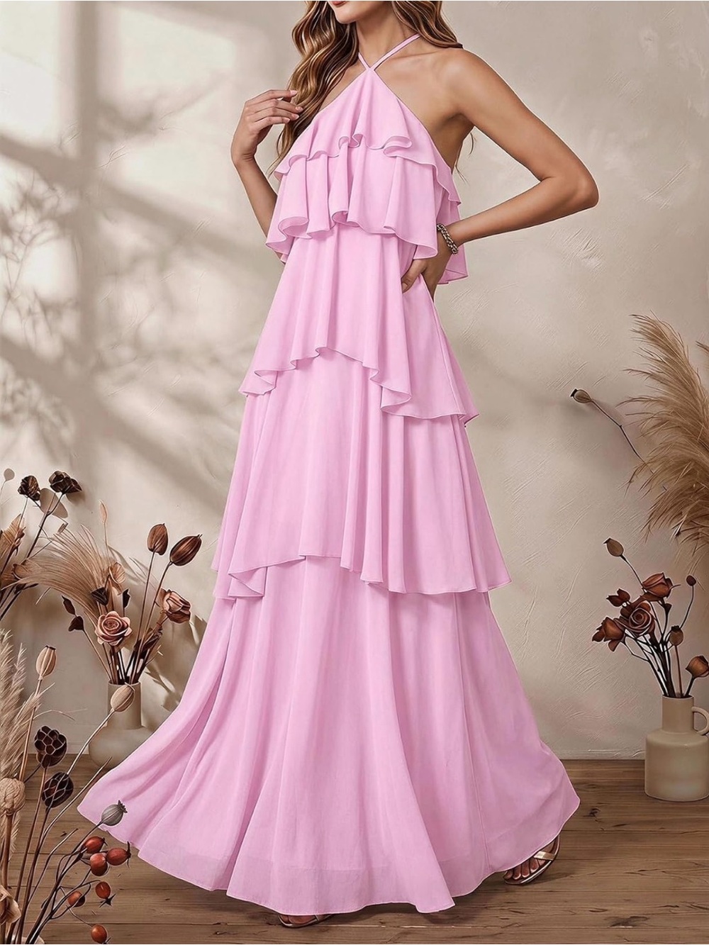 Romantic Layered Ruffle Maxi Dress in Light Pink - Picture 5 of 5